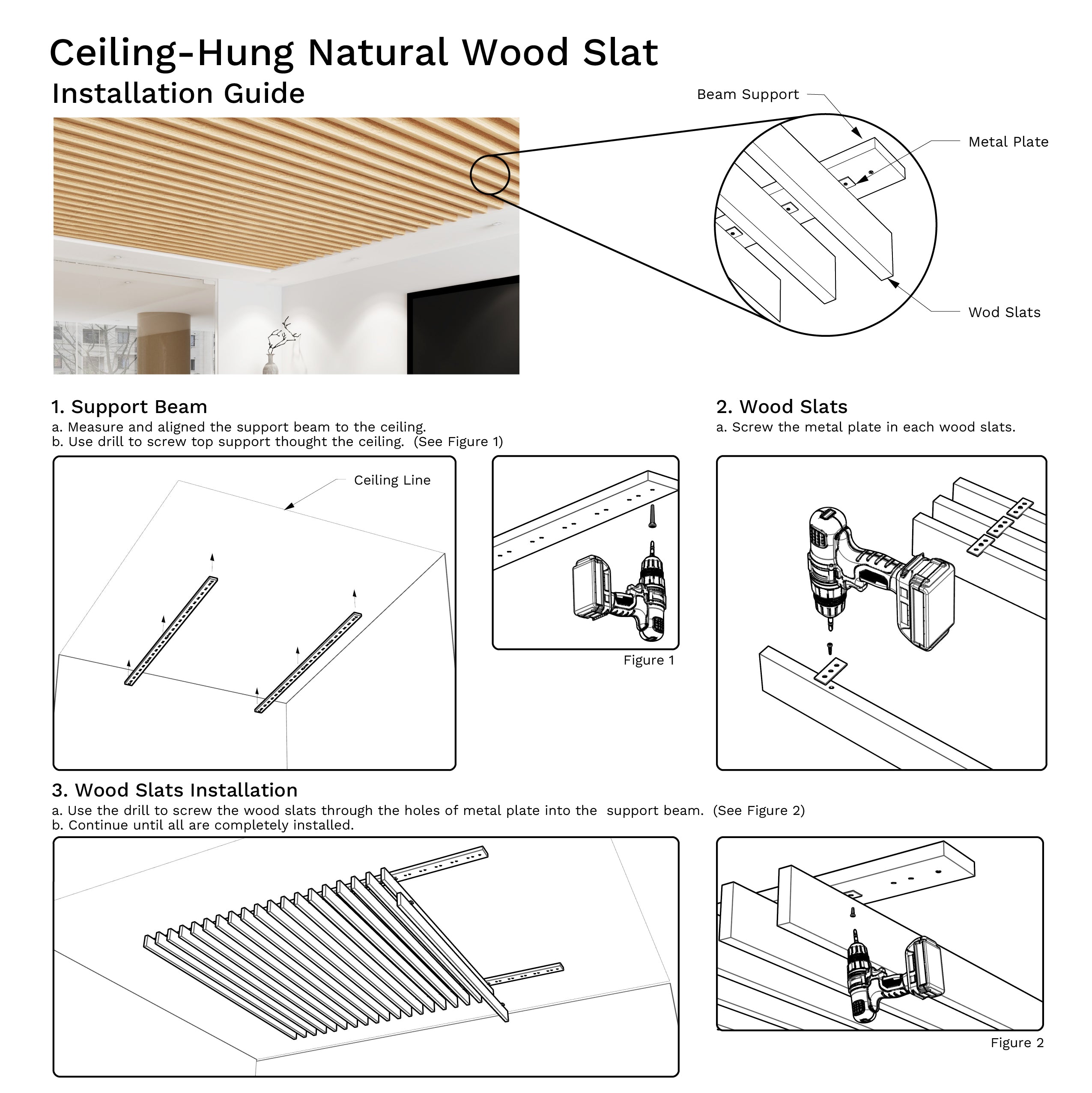 Ceiling-hung natural wood slat installation guide with diagrams and text.